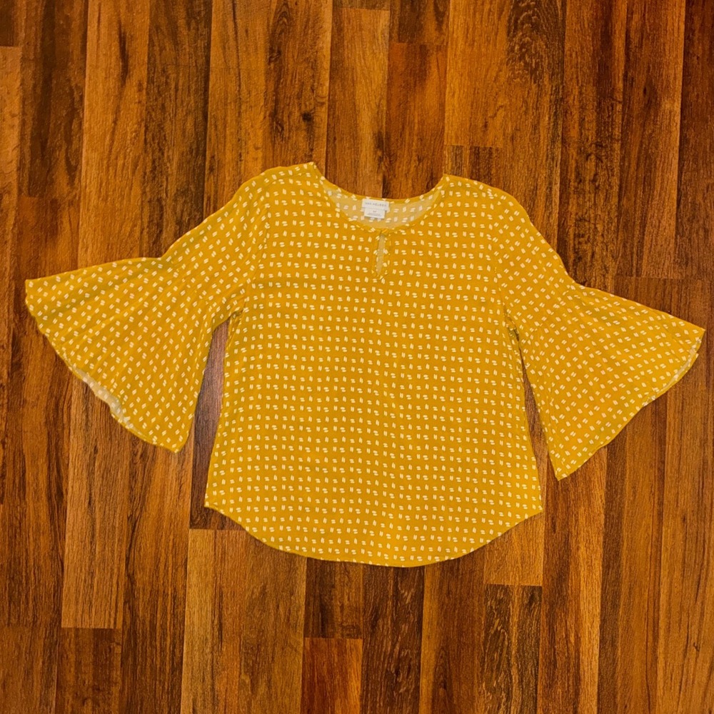 Van Heusen Womens Mustard Yellow Dash Print Bell Sleeve Blouse Size M
